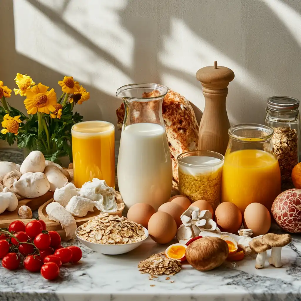 A bright kitchen counter filled with vitamin D-rich foods, including eggs, mushrooms, fortified milk, orange juice, oats, and fresh cherry tomatoes, styled with a vase of yellow flowers.