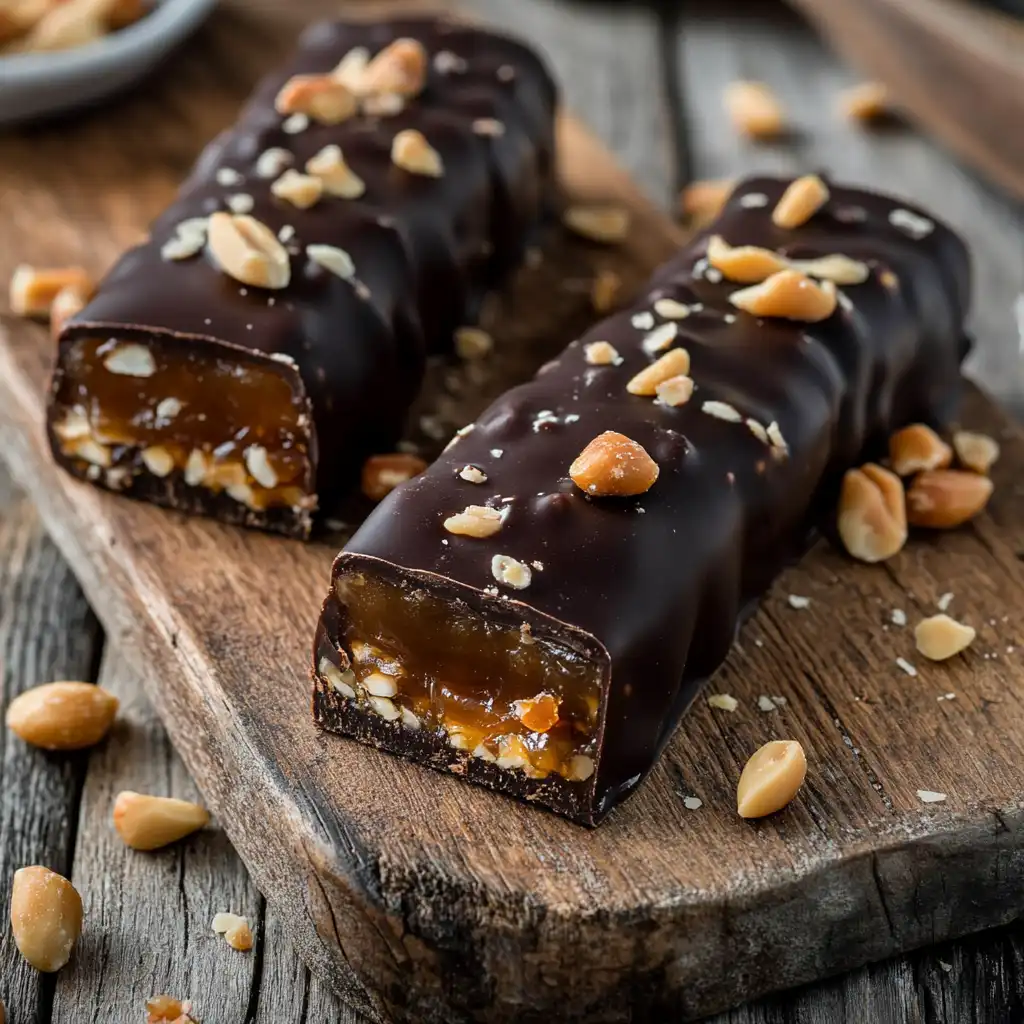 Two homemade Date Snickers bars topped with chopped peanuts, featuring a glossy dark chocolate coating and a caramel-like date filling, displayed on a rustic wooden board.