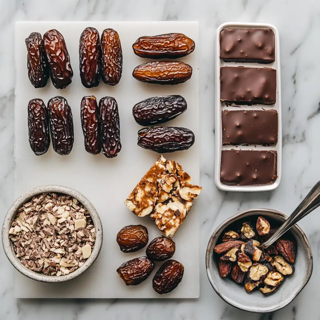 Ingredients for Date Snickers laid out on a marble surface, including whole Medjool dates, chopped nuts, chocolate pieces, and finished Date Snickers bars.