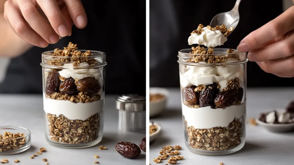 Hands layering a Greek yogurt parfait with dates, granola, and yogurt in a glass jar.